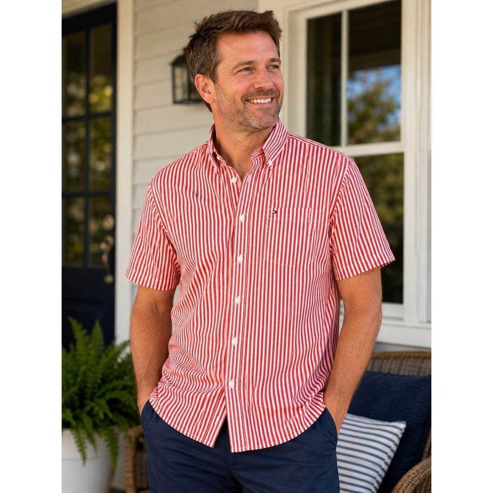 Tommy Hilfiger Men's Large Red White Stripe Short Sleeve Button Down Shirt